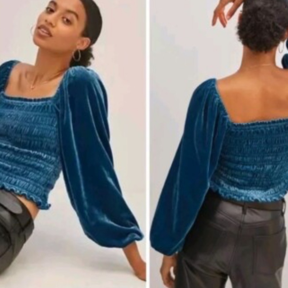 Anthropologie Teal Velvet Textured Top